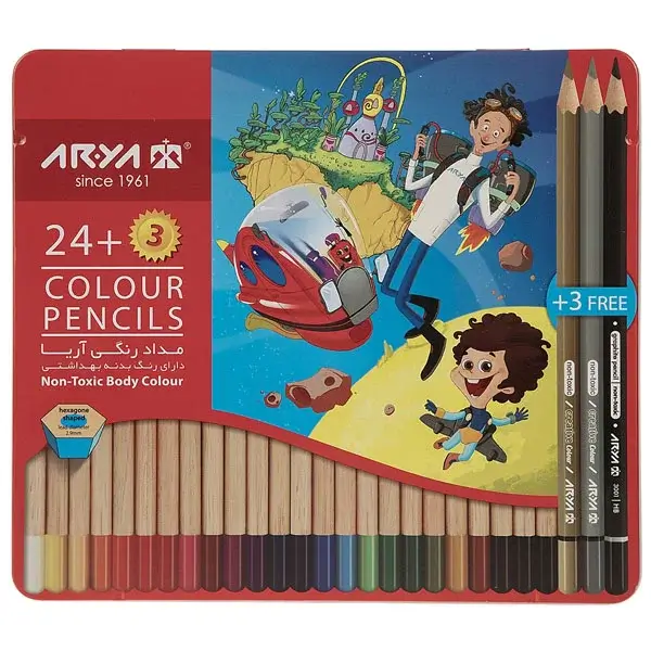 مداد رنگی 24+3 رنگ جعبه فلزی آریا